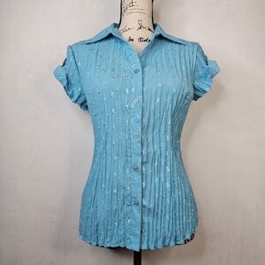East 5th vintage 90s y2k baby blue floral pleated button up polo top sz M